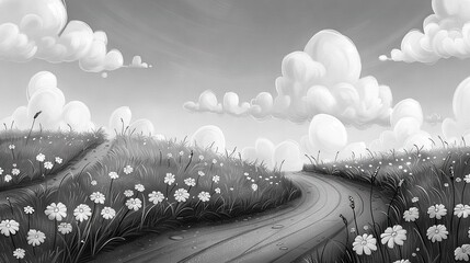 Poster -   B&W road w flowers fg, clouds bkg