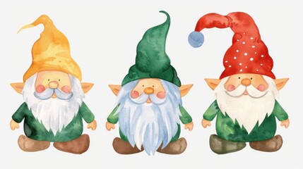 Wall Mural - Adorable gnomes in watercolor bring festive cheer to your Christmas decor. Handdrawn elements perfect for New Year celebrations.