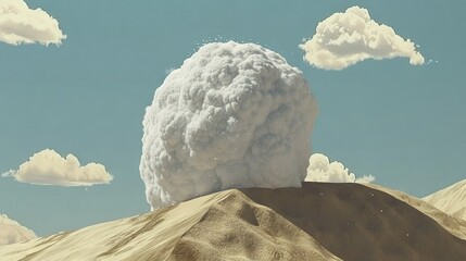 Canvas Print -   A mountain spews a vast cloud of smoke on a clear day with scattered clouds above