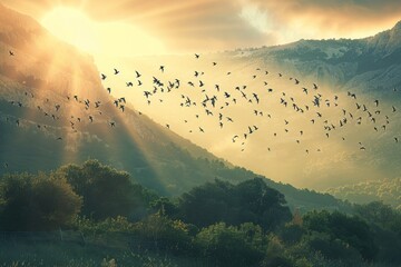 Wall Mural - Flock of birds soaring through the sky over a picturesque valley.