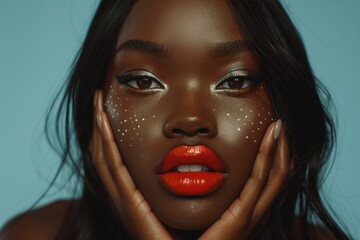 Striking African Beauty with Glitter Makeup and Red Lips on Blue Background