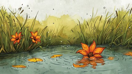 Poster -   Orange flowers float in a pond of water surrounded by green grass and yellow leaves on a rainy day