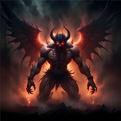 A dark, muscular and mysterious demon with wings