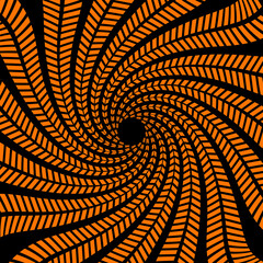 Poster - Psychedelic hypnotic Halloween spiral pattern. Vector optical illusion background with swirled vortex. Black and orange lines that twist and turn towards the center creates a tunnel-like visual effect