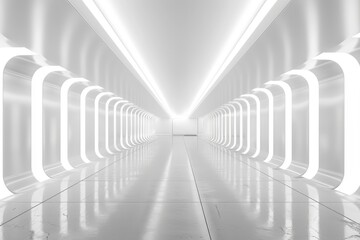 A futuristic white hallway with curved walls and glowing lights