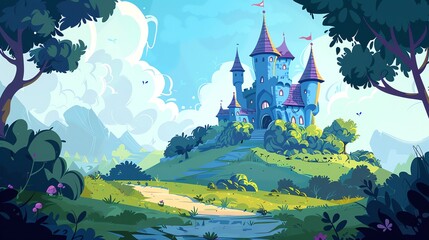 Canvas Print - A cartoon illustration of a fairytale castle in a forest.