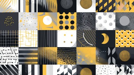 Poster - A grid of 25 squares, each containing a different geometric pattern, in black, white, yellow, and gray.