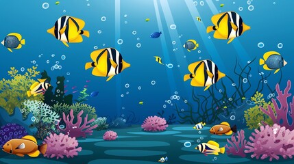 Canvas Print - A cartoon illustration of a vibrant underwater scene with a variety of colorful fish, coral, and bubbles, bathed in sunlight.