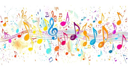 Poster - Colorful musical notes and treble clef on a white background.