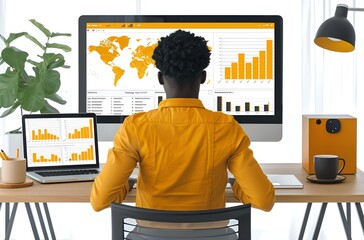 Wall Mural - a man sitting at a desk looking at a computer screen.