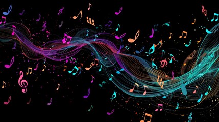Poster - A black background with colorful musical notes scattered on it.