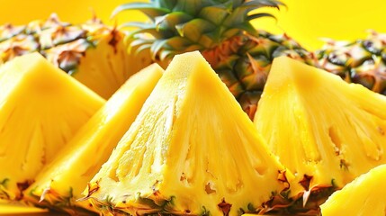 Poster -   A yellow table sits beside two piles of sliced pineapples, one atop the other