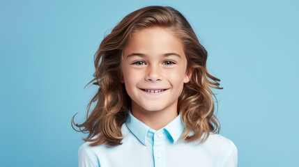 Portrait of a beautiful, happy smiling boy with long hair and perfect skin, light blue background, banner.
