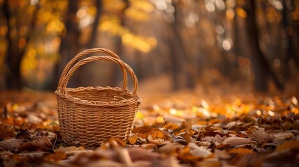 wicker basket resting on the ground covered in fallen leaves, set against a backdrop of a sunlit forest with vibrant autumn colors