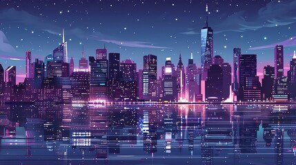 Wall Mural - A vibrant, digital art illustration of a cityscape at sunset, with a glowing sun and a starry sky reflected in the water.