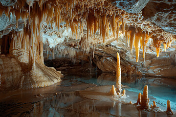 Generative ai on theme of a large beautiful sharp stalactites hanging down from deep mountain cave