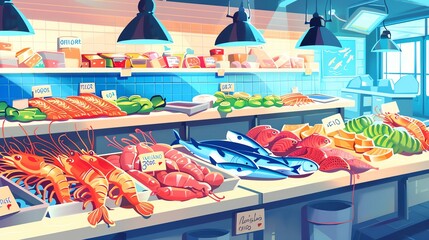 Wall Mural - A brightly colored illustration of a fish market with shelves stocked with fresh seafood, including shrimp, fish, and salmon.