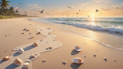 seashells on sandy beach with gentle waves and seagulls at sunrise