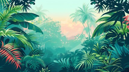 Canvas Print - A lush green tropical jungle scene with palm trees, large leaves, and colorful flowers.