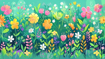 Wall Mural - A vibrant floral pattern of different colored flowers and leaves on a green background.