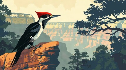 Poster -   A black and white bird wearing a red hat perches on a rock beside a cliff