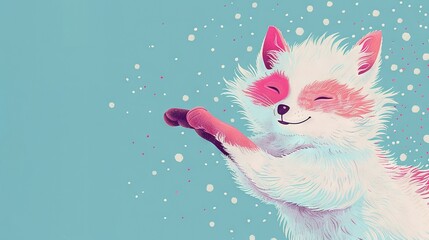 Sticker -   A pink and white dog holds a toy in its paws amidst snowflakes in the painting