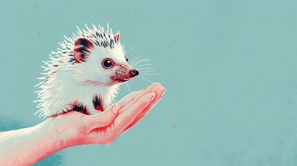 Poster -   A palm cradling a tiny hedgehog against a blue sky with gentle raindrops