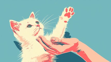 Sticker -   A cat stretches out its paw to grasp a human's hand against a blue backdrop in the image