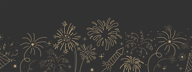 Sticker - fireworks festive explosion golden bursts, sparks in doodle style seamless pattern border. holiday c