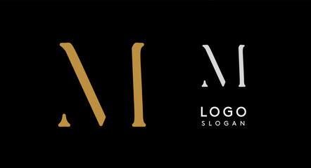 Wall Mural - Minimalist logo design with letter M in gold on black background for luxury brand, beauty and fashion, premium corporate identity, and cutting-edge innovative futuristic projects. Vector illustration.