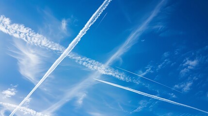 Poster - A bright blue sky with white clouds and multiple contrails from airplanes.