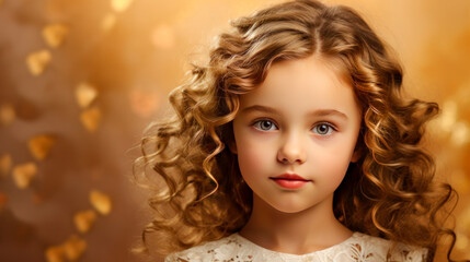 Portrait of a chic cute beautiful baby girl with perfect skin, golden background, banner.