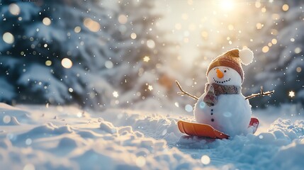 Poster - A snowman with a red hat and scarf sits on a sled in the snow.