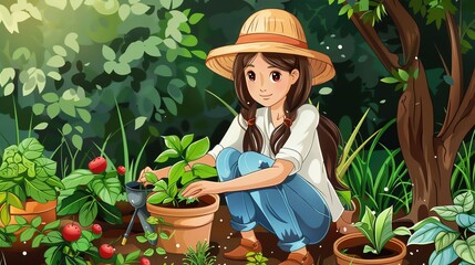 Canvas Print - A cartoon of a woman with long brown hair wearing a hat and tending to plants in a garden.