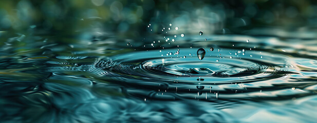 Water drop falling into water creating ripples and splash