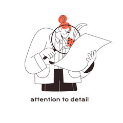 Poster - Perfectionist explores documents through magnifier. Employee researching with obsession, attention to details. Person searches, looking for solution. Flat isolated outline vector illustration on white