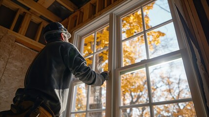 a construction worker in a hard hat stands near a new window, looking out at a view of autumn leaves