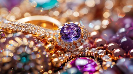 Sticker - A close-up shot of a purple gemstone ring surrounded by other jewelry.