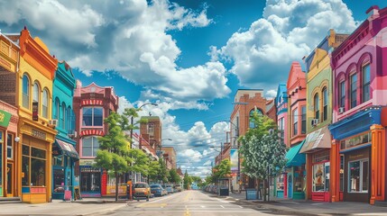 Sticker - A street in a small town with brightly colored buildings.