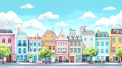 Canvas Print - A cartoon illustration of a city street with colorful buildings and a blue sky.