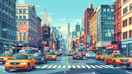 Poster - A cartoon illustration of a city street with yellow taxis and tall buildings.