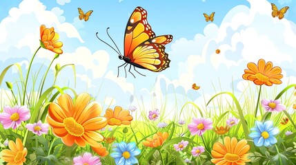 Wall Mural - An illustration of a field full of colorful flowers and butterflies flying around them.