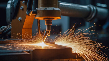 Poster - Robotic arm welding metal with sparks flying in an industrial setting