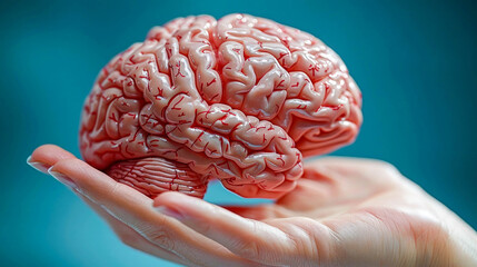 Poster - A realistic hand holding a detailed model of a human brain, set against a blue background