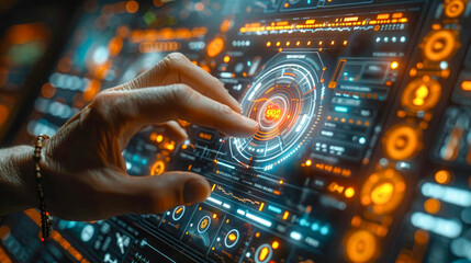 Poster - A hand interacts with a high-tech futuristic interface, featuring holographic data and glowing graphics on a dark background. Concept of technology and innovation