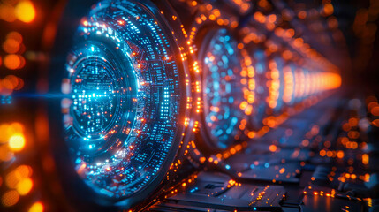 Poster - A futuristic digital tunnel with blue and orange lights, set against a dark background. Concept of technology and data flow