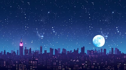 Canvas Print - A cityscape with a large moon and many stars in the sky.