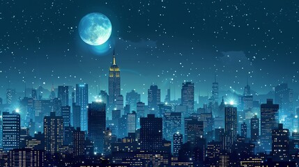 Wall Mural - A cityscape at night with a full moon and falling snow.