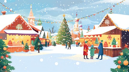 Sticker - An illustration of a snowy town with a Christmas market.