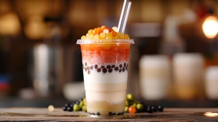 Poster - A detailed view of a bubble tea cup with a straw, showing the layers of tea, milk, and tapioca pearls.